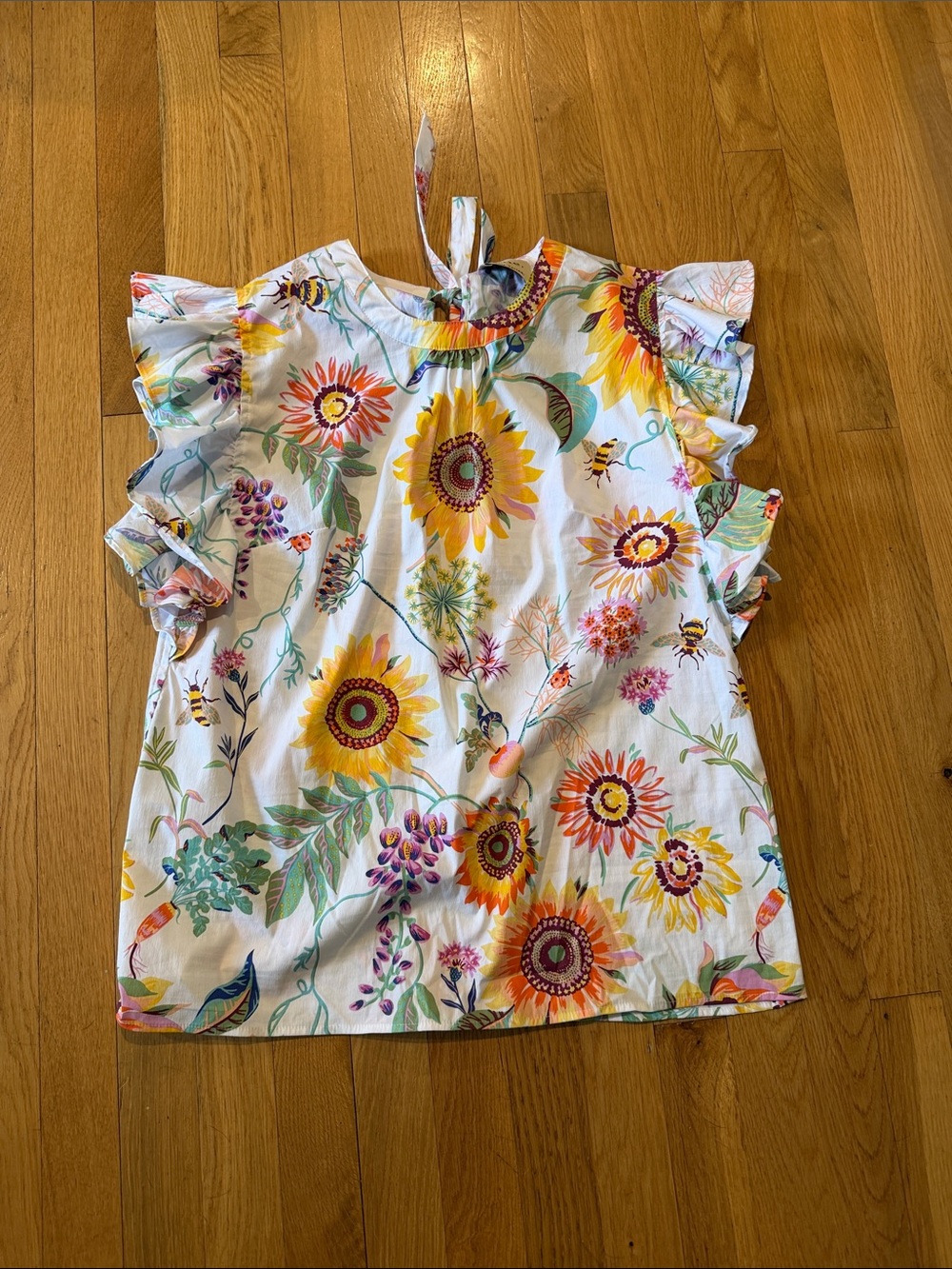 Elie Tahari White Floral Sunflower Tie-Back Top